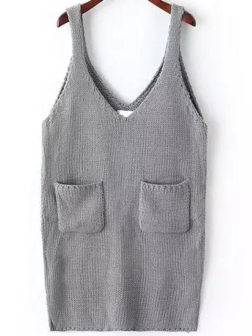 Romwe V Neck Pockets Grey Sweater Dress