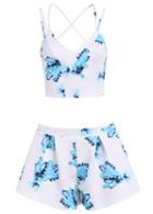 Romwe Spaghetti Strap Florals Crop Top With Shorts