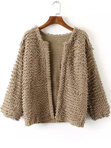 Romwe Long Sleeve Open Front Khaki Coat