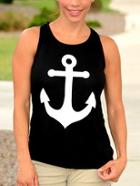 Romwe Anchor Print Black Tank Top