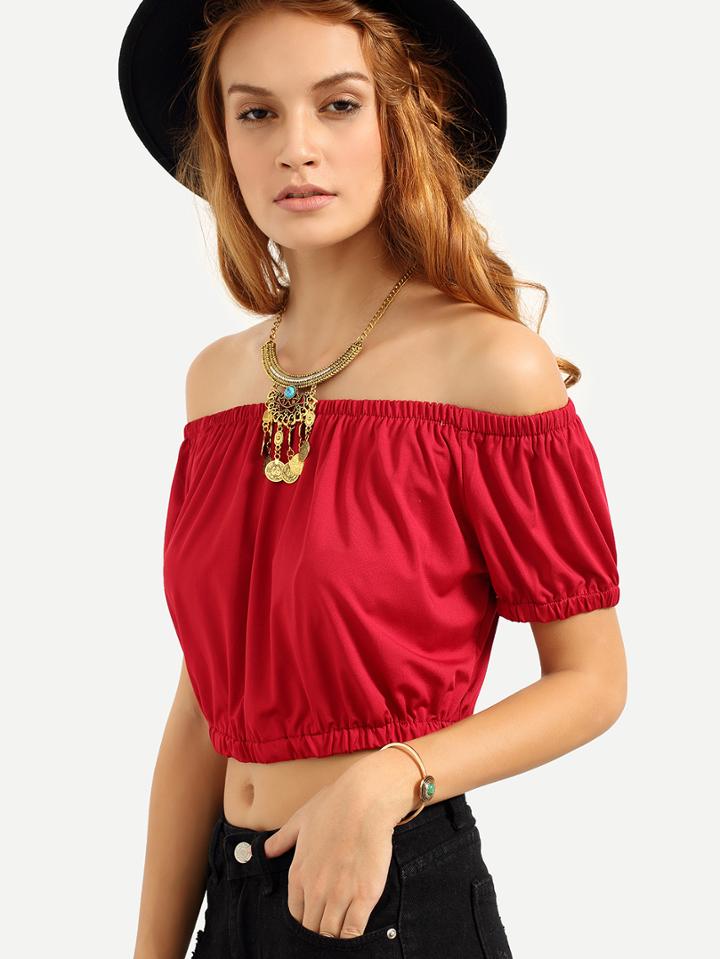 Romwe Elastic Off-the-shoulder Crop Top - Red