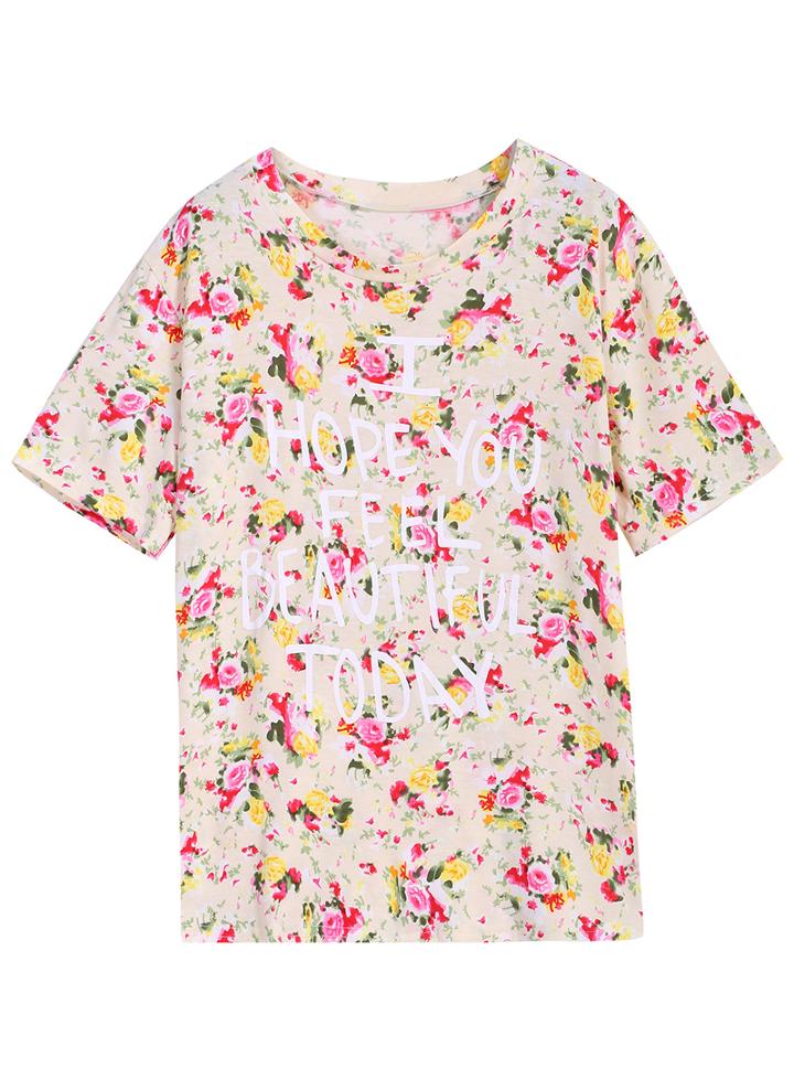 Romwe Floral Letters Print Apricot T-shirt