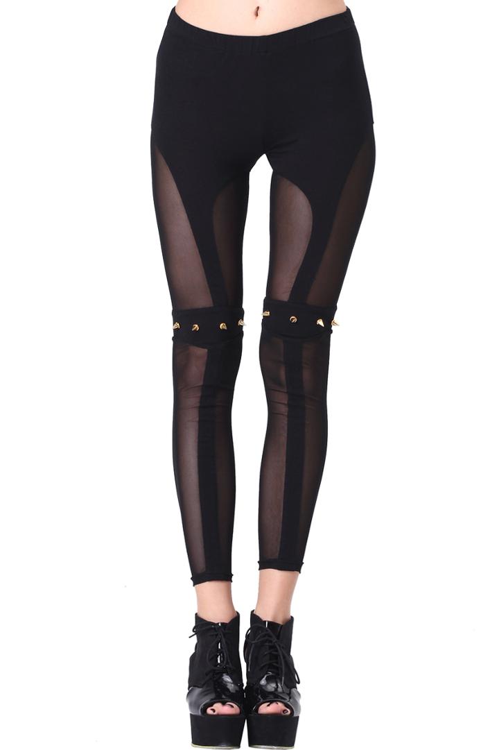 Romwe Romwe Riveted Knee Sheer Mesh Black Leggings