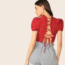 Romwe Frill Neck Lace Up Back Dot Blouse