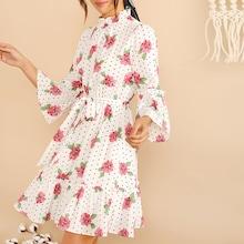 Romwe Mock-neck Belted Bell Sleeve Floral Polka Dot Dress