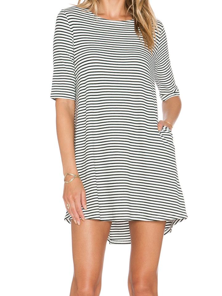 Romwe Dip Hem Striped With Pocket T-shirt