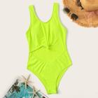 Romwe Neon Green Cut-out Front One Piece Swimwear