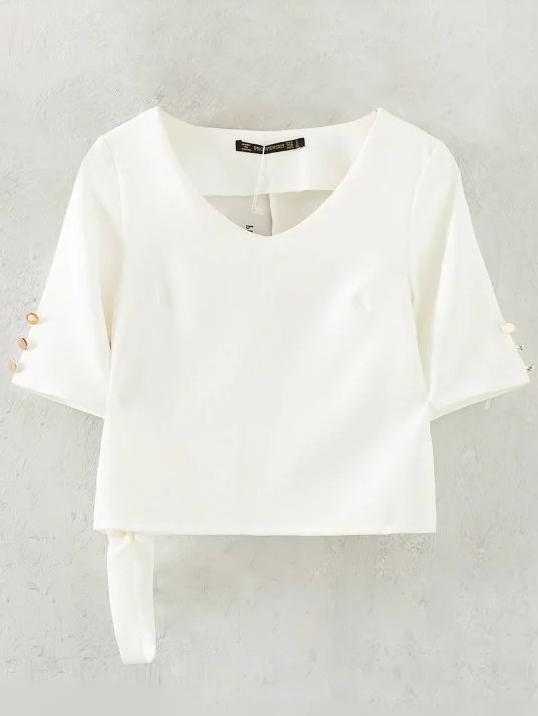 Romwe White V Neck Tie Buttons Blouse