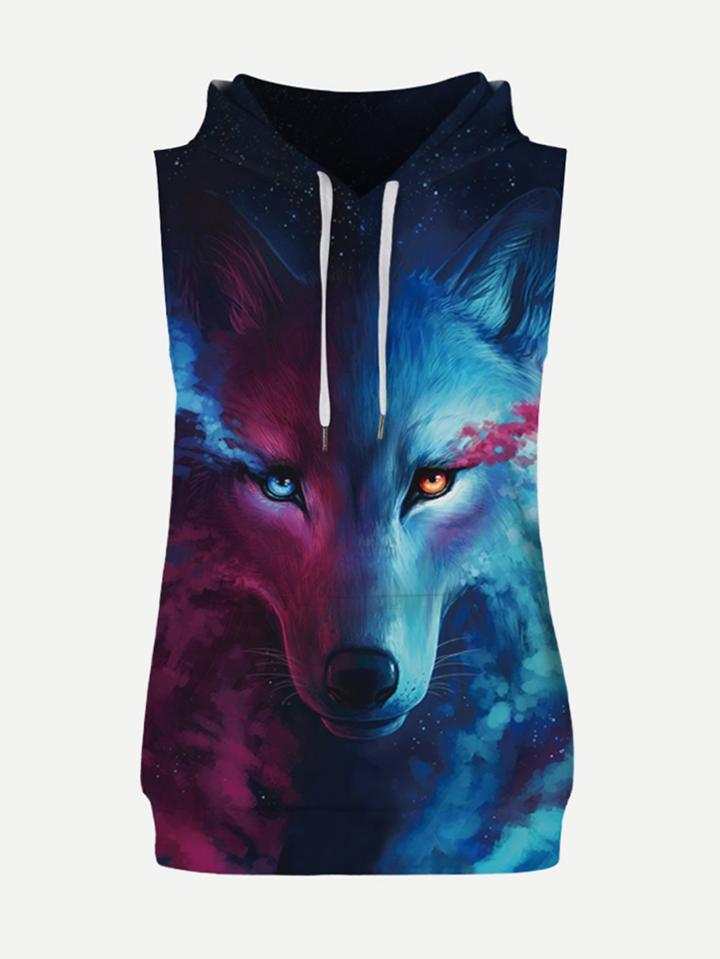 Romwe Wolf Print Hooded Sweatshirt