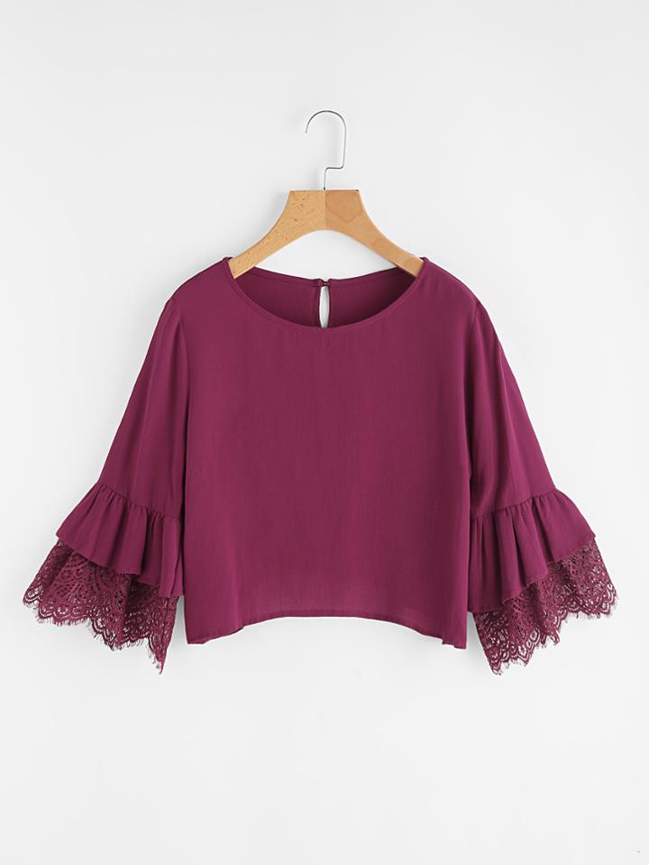 Romwe Layered Sleeve Lace Cuff Hanky Hem Top