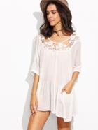 Romwe White Crochet Neck Drop Waist Dress With Pocket