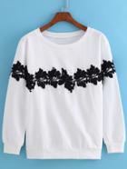 Romwe With Bead Floral Applique White Sweatshirt