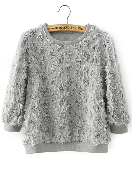 Romwe Round Neck Rose Applique Grey Top