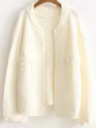 Romwe Beige Ribbed Trim Open Front Sweater Coat With Fake Pockets