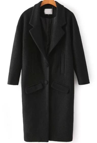 Romwe Solid Pockets Back Split Black Long Coat