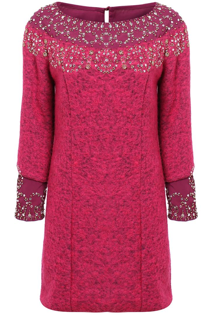 Romwe Beaded Embellished Woolen Rose Red Dress