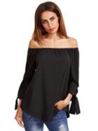 Romwe Black Off The Shoulder Bow Tie Cuff Blouse