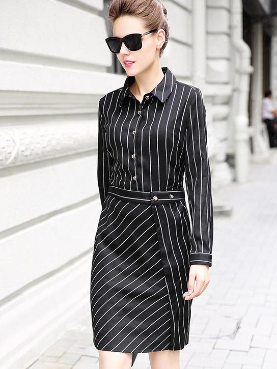 Romwe Black Lapel Long Sleeve Striped Dress