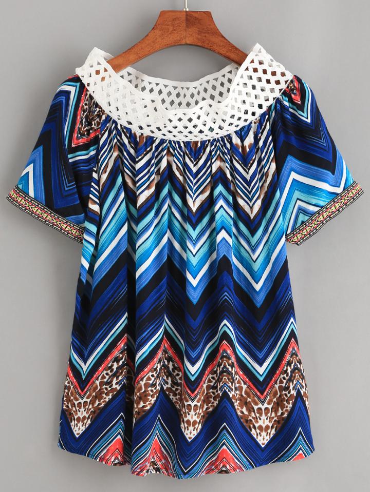 Romwe Multicolor Chevron Print Eyelet Off The Shoulder Top