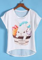 Romwe Dip Hem Rabbit Print T-shirt