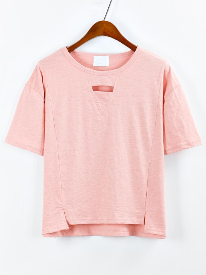 Romwe Cutout Slit Front High-low T-shirt - Pink