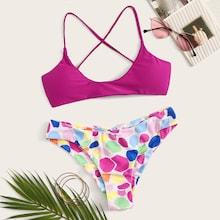 Romwe Lace-up Top With Random Geo Print Bikini