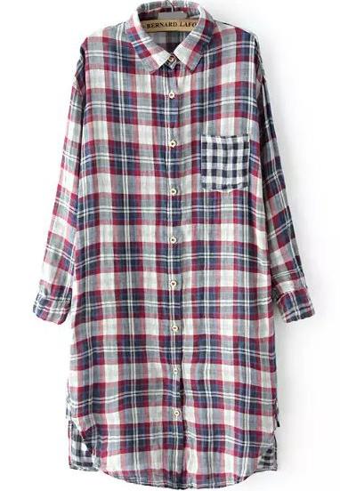 Romwe Lapel With Patch Pocket Plaid Red Blouse