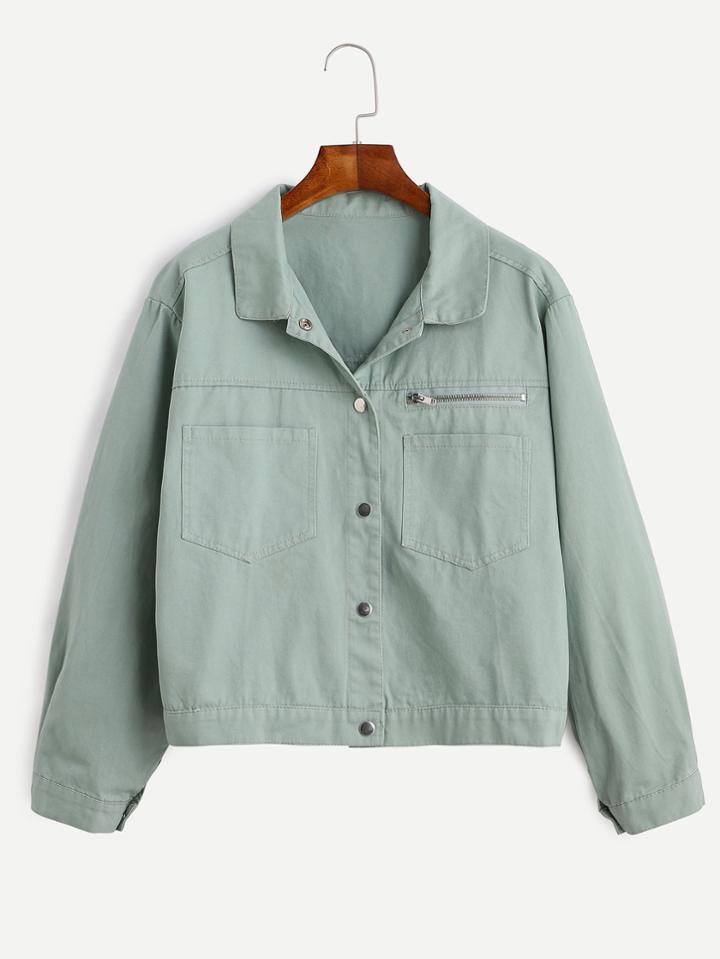 Romwe Pale Green Zipper Front Jacket With Pockets
