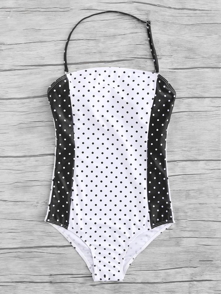 Romwe Polka Dot Two Tone Swimsuit