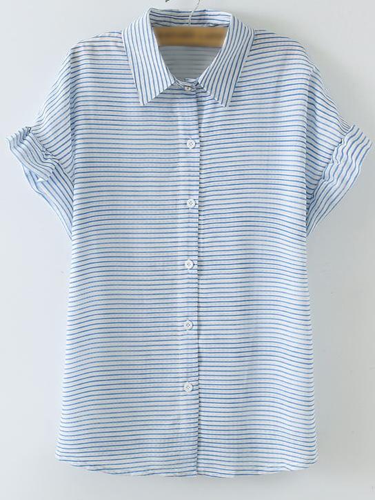 Romwe Blue Buttons Front Bell Sleeve Stripe Blouse