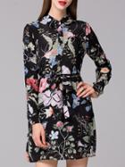 Romwe Black Lapel Long Sleeve Tie-waist Print Dress