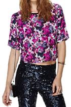 Romwe Romwe Floral Print Cropped Purple Mid-riff T-shirt