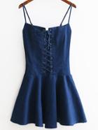 Romwe Eyelet Lace Up Front Zipper Side Denim Cami Dress