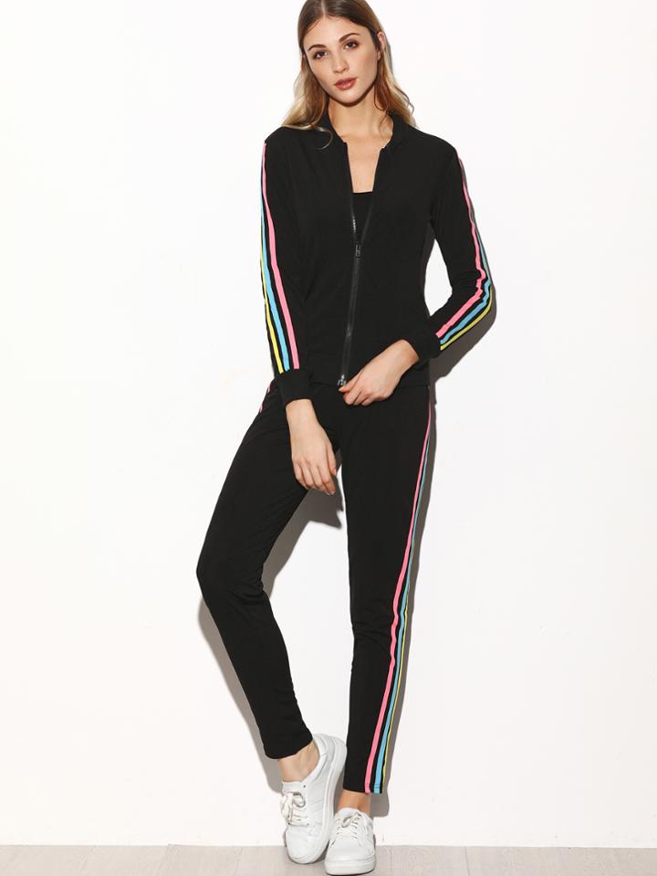 Romwe Black Striped Trim Jacket With Pants