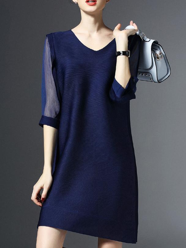 Romwe Navy Contrast Gauze Pleated Elastic Dress