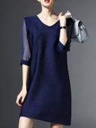 Romwe Navy Contrast Gauze Pleated Elastic Dress