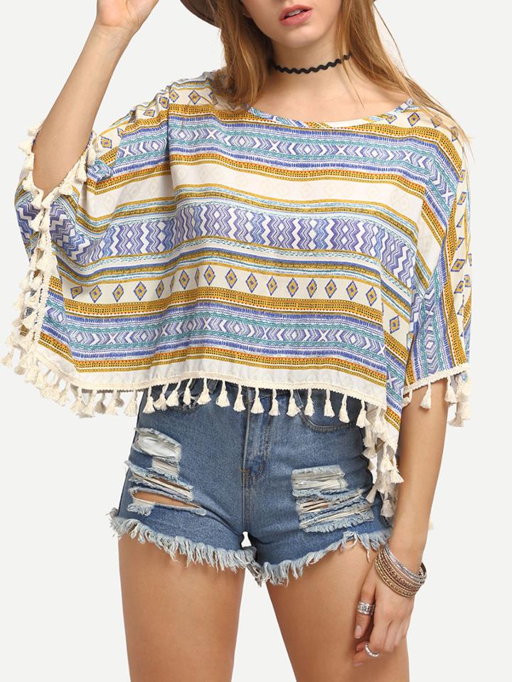 Romwe Tassel Trimmed Geometric Print Poncho Blouse