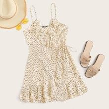 Romwe Ruffle Trim Wrap Belted Confetti Heart Print Sundress