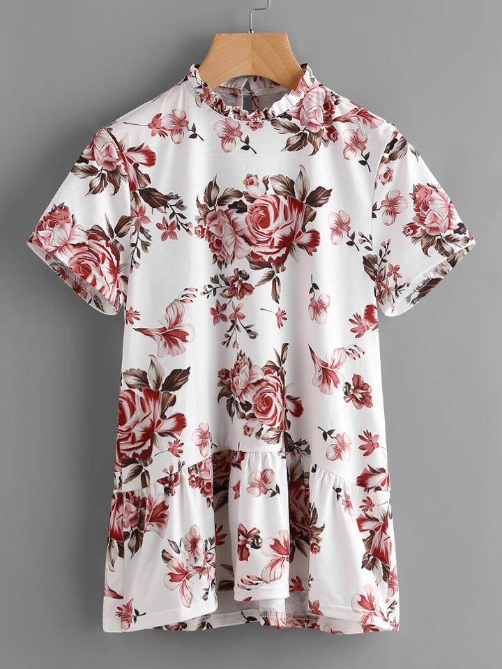 Romwe Frill Neck Buttoned Closure Back Floral Smock Tee