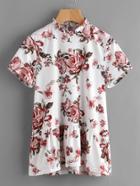 Romwe Frill Neck Buttoned Closure Back Floral Smock Tee