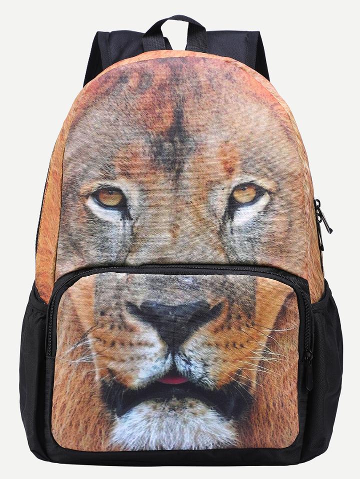 Romwe Brown Lion Head Print Backpack