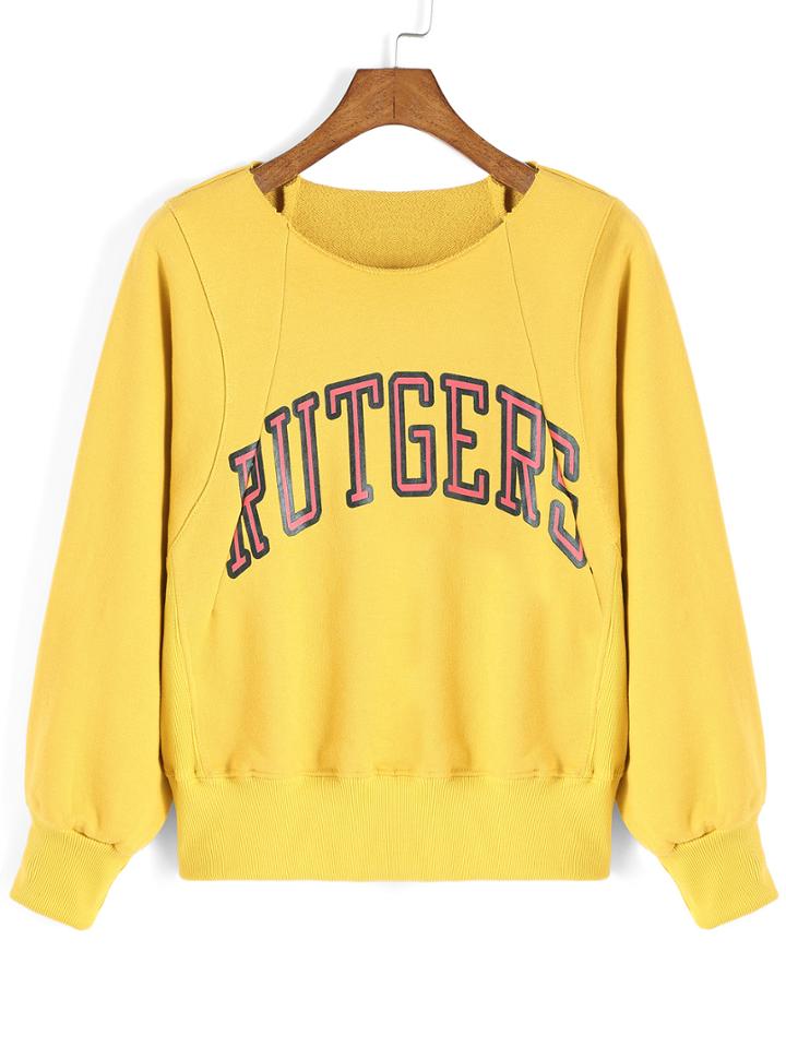 Romwe Letter Print Yellow Sweatshirt