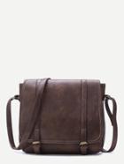 Romwe Coffee Faux Leather Buckled Strap Satchel Bag