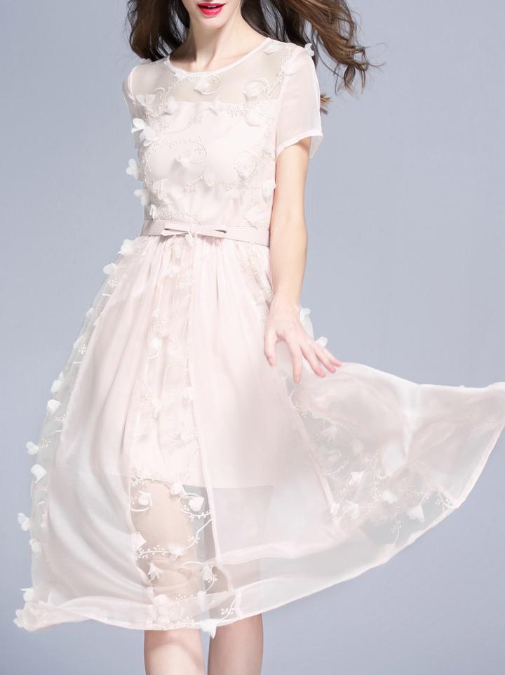 Romwe White Flowers Applique Belted A-line Dress