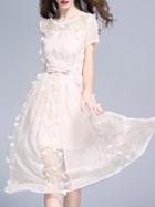 Romwe White Flowers Applique Belted A-line Dress