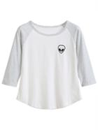 Romwe Grey Alien Embroidered Raglan Sleeve Curved Hem T-shirt
