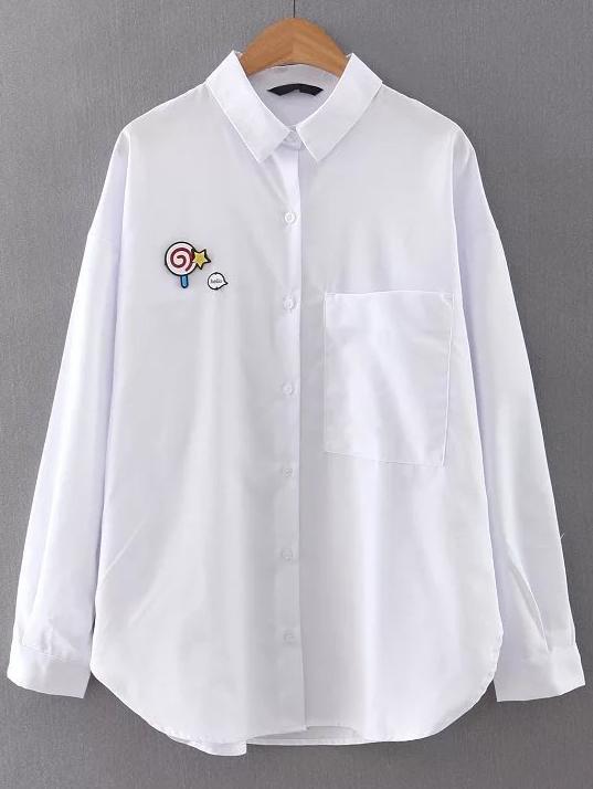 Romwe White Patch Curved Hem Blouse With Pocket