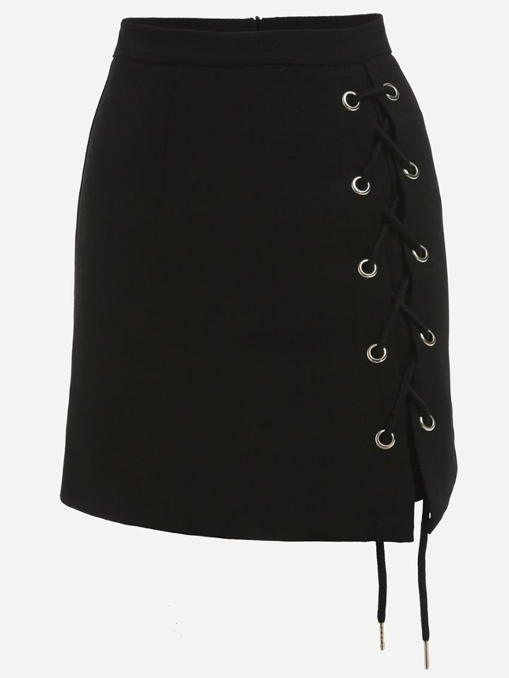 Romwe Black Eyelet Lace-up Side Pencil Skirt