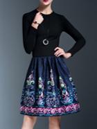 Romwe Blue Knit Print Jacquard Combo Dress