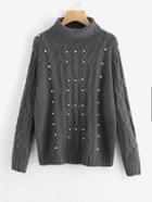 Romwe Roll Neck Pearl Beading Mixed Knit Jumper